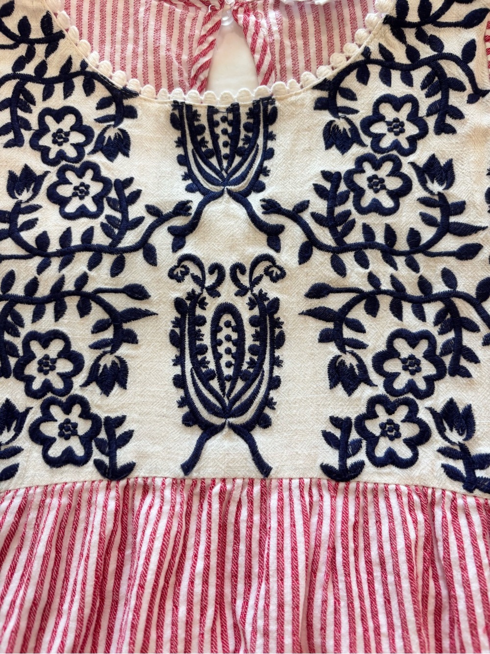 THML Sz S Top Cotton Linen Red White Striped Floral Embroidered Boho Cottagecore - Picture 5 of 10